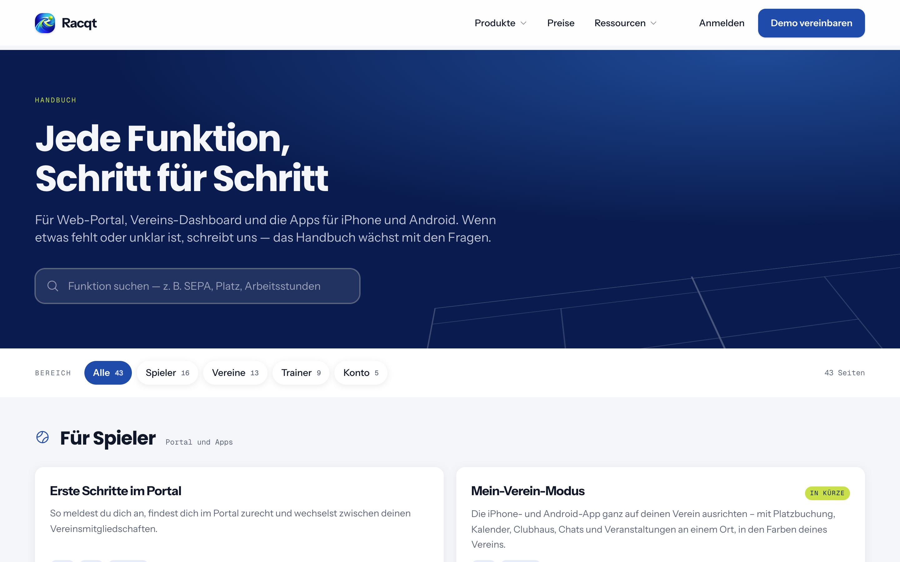 Startseite des Handbuchs mit Suche und Bereichsfiltern
