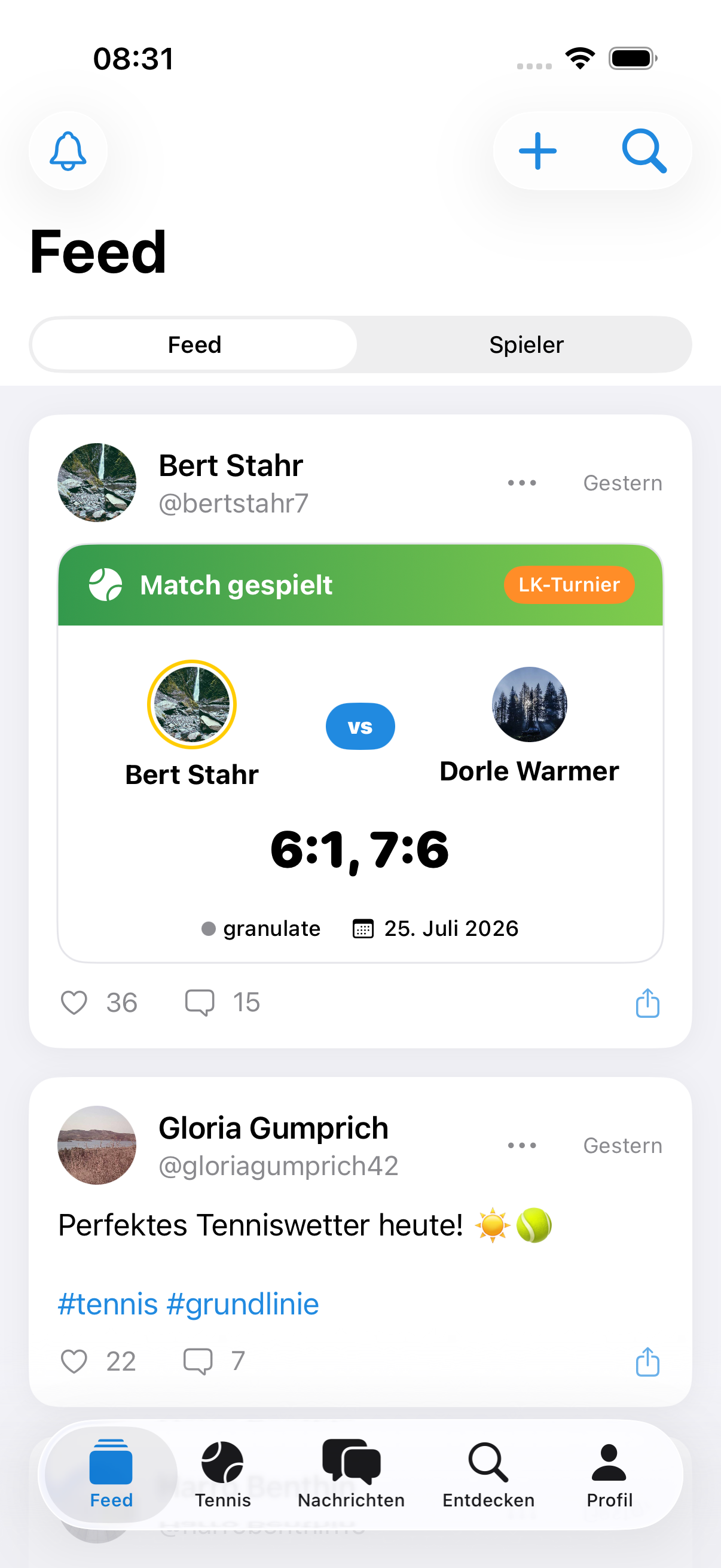 Die fünf Tabs der Racqt-App (iPhone; auf Android identisch aufgebaut)