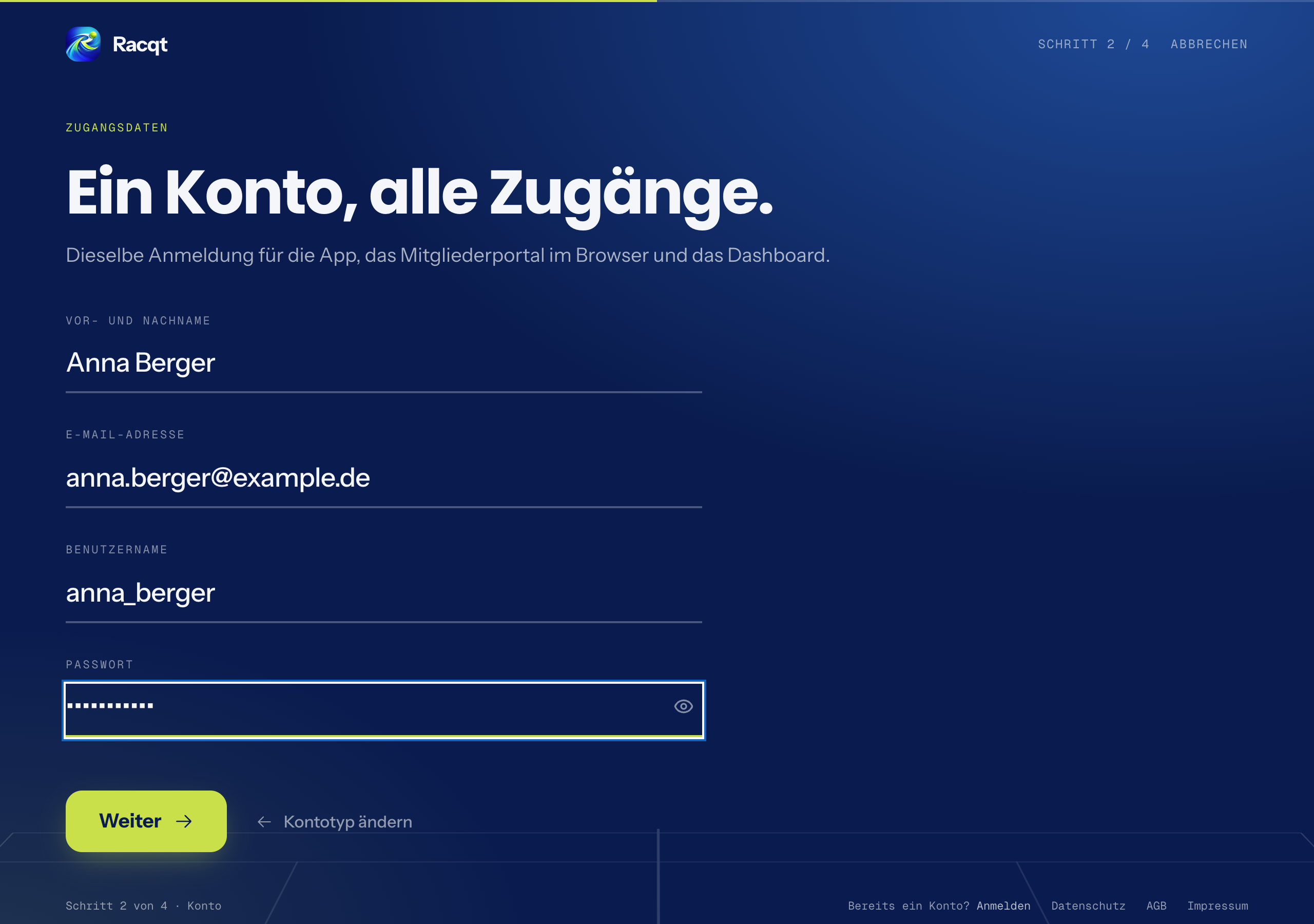 Registrierungsformular für Spieler
