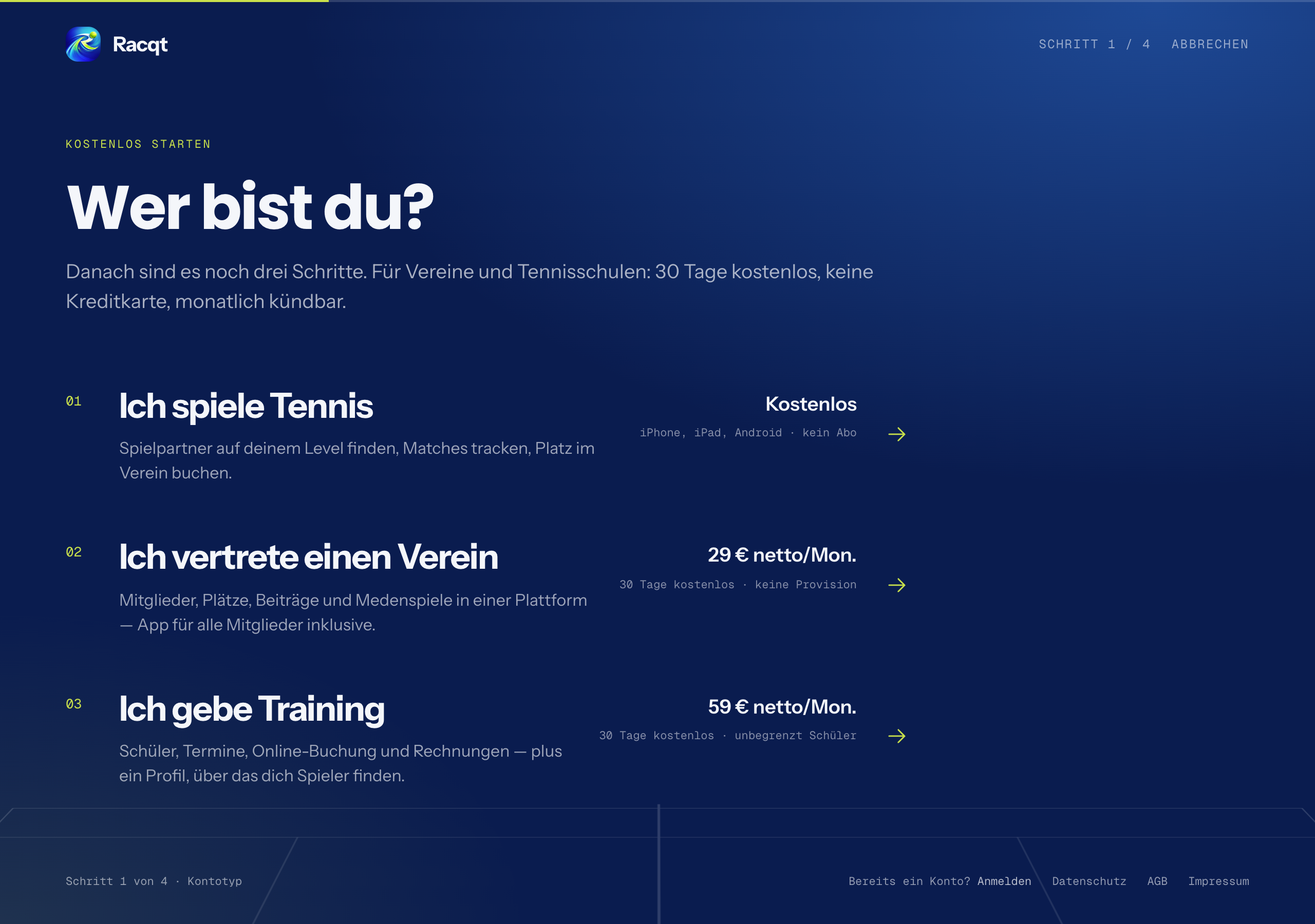 Kontotyp auswählen bei der Registrierung