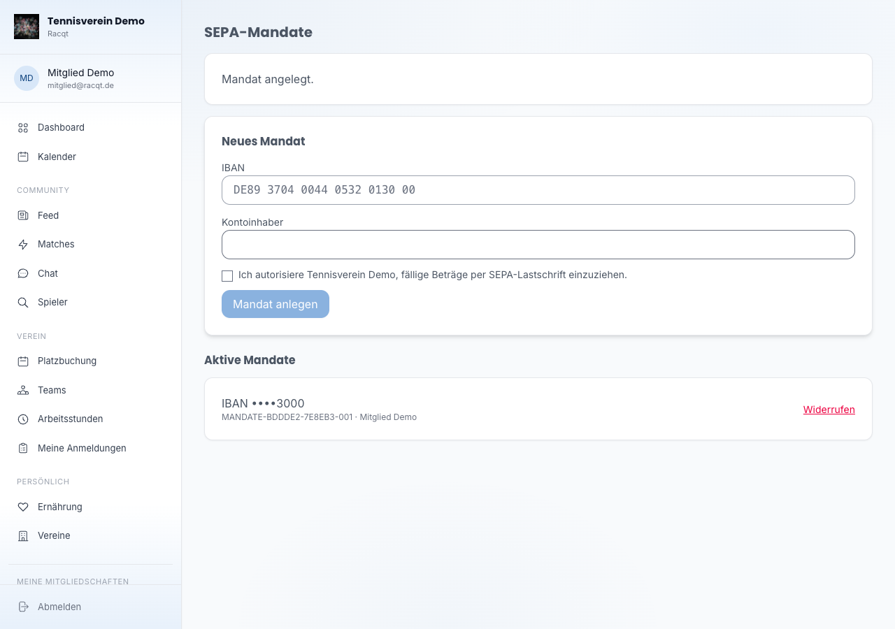 Übersicht der aktiven SEPA-Mandate im Portal
