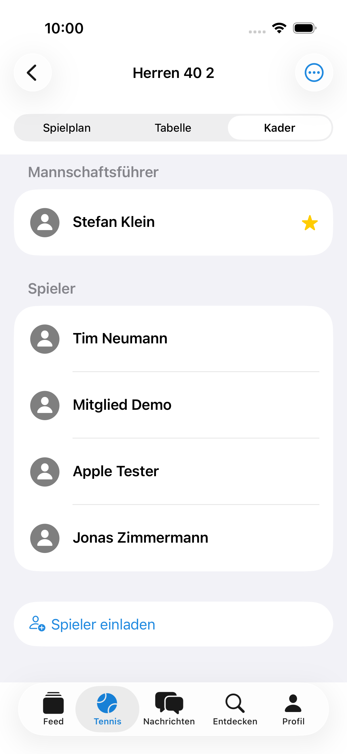 Spielerliste einer Mannschaft in der iOS-App