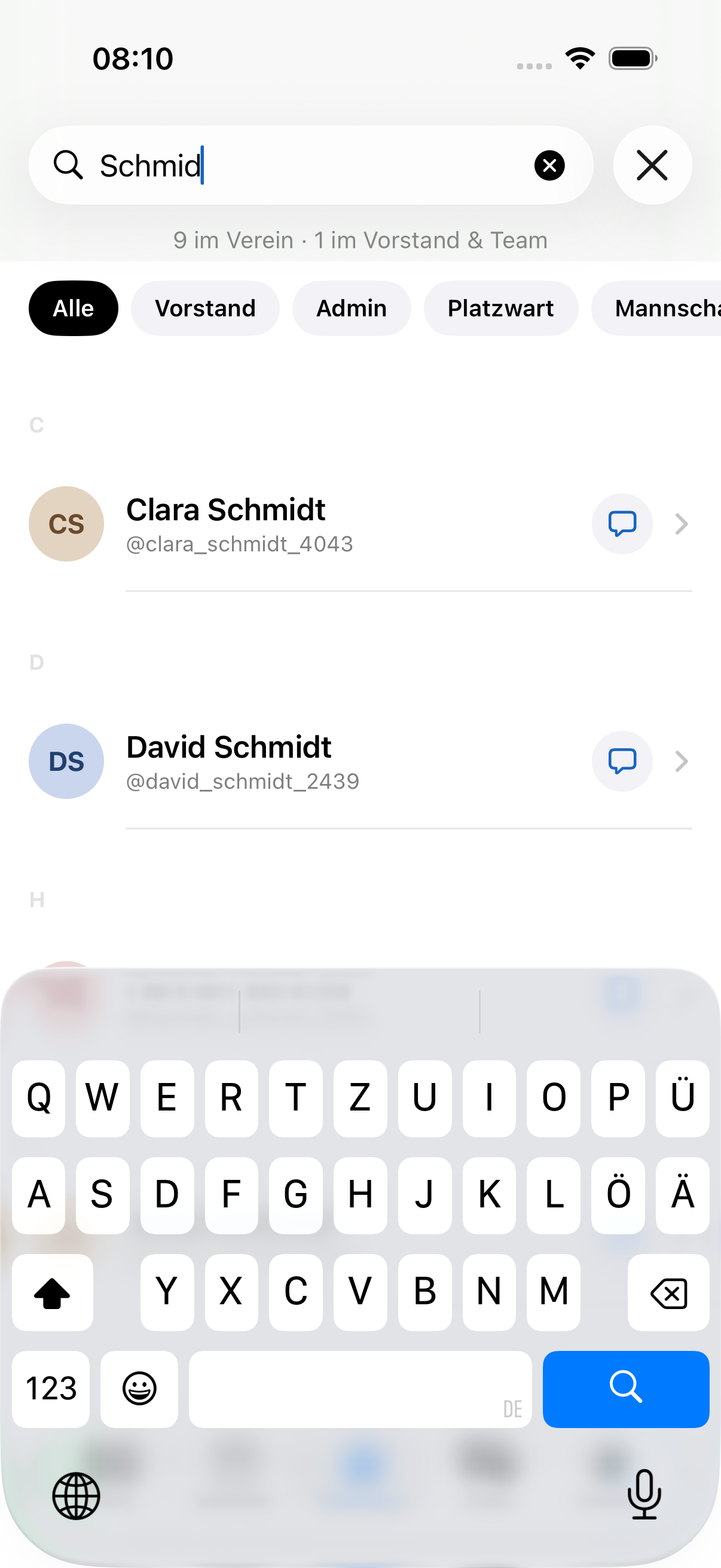 Namenssuche in der App (iPhone; auf Android identisch aufgebaut)