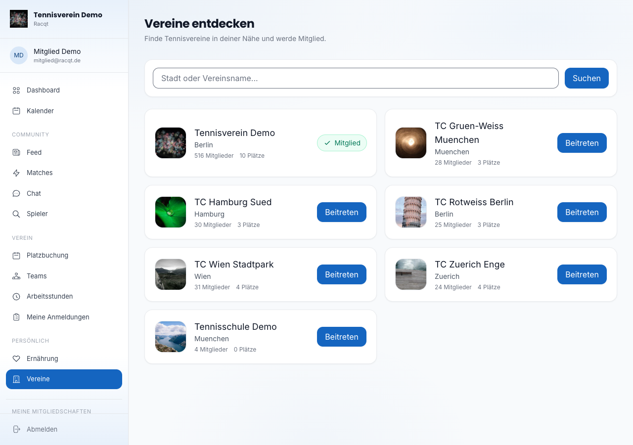 Vereine entdecken und öffnen