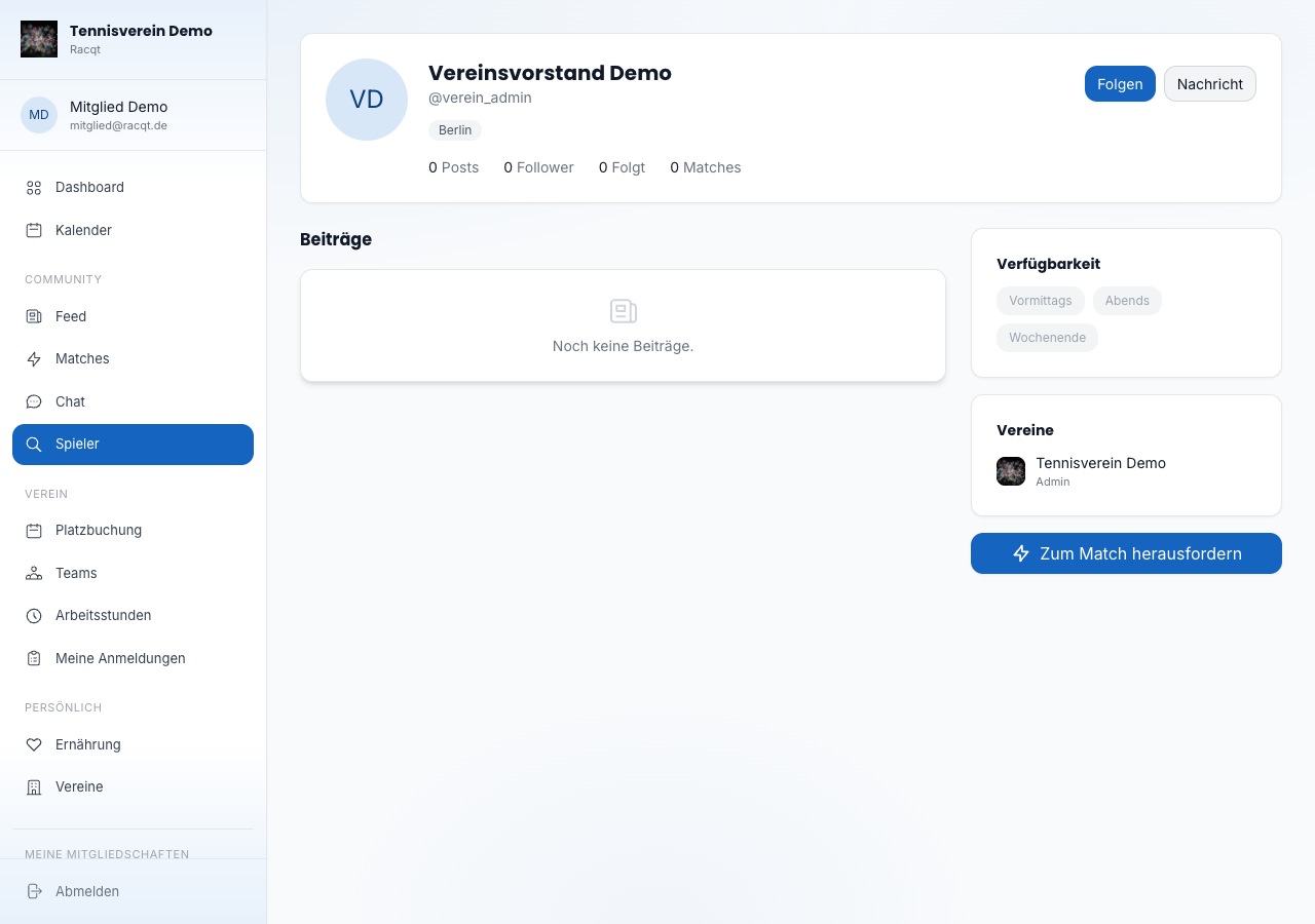 Spieler-Profil mit Kontakt-Button