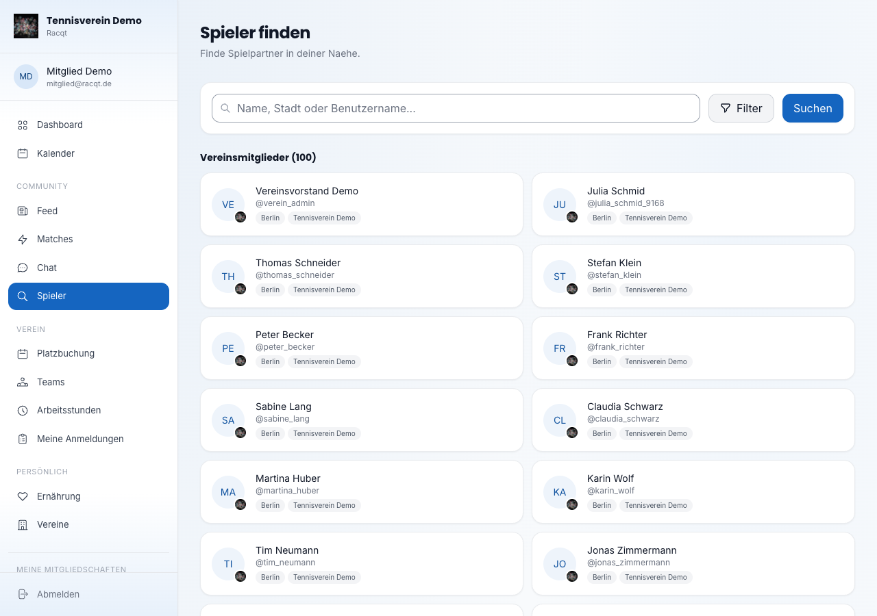 Spieler-Suche mit Ergebnisliste