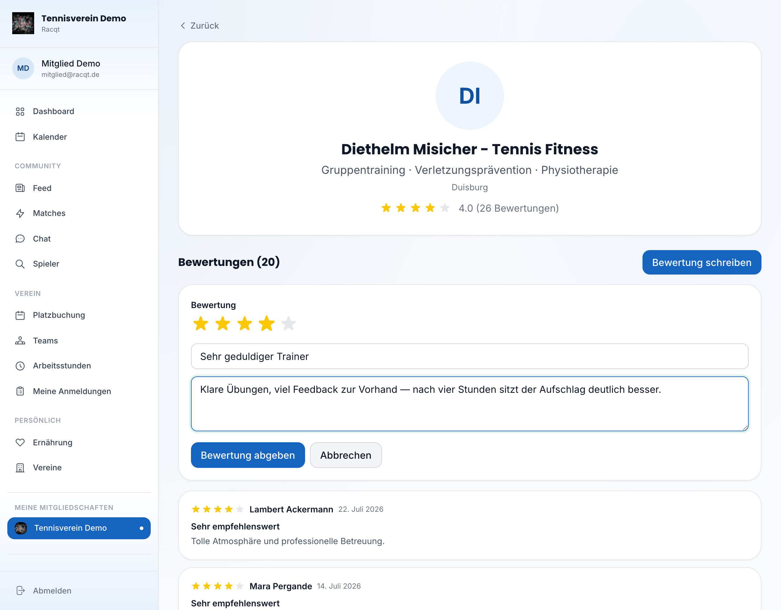 Bewertungsformular für einen Trainer