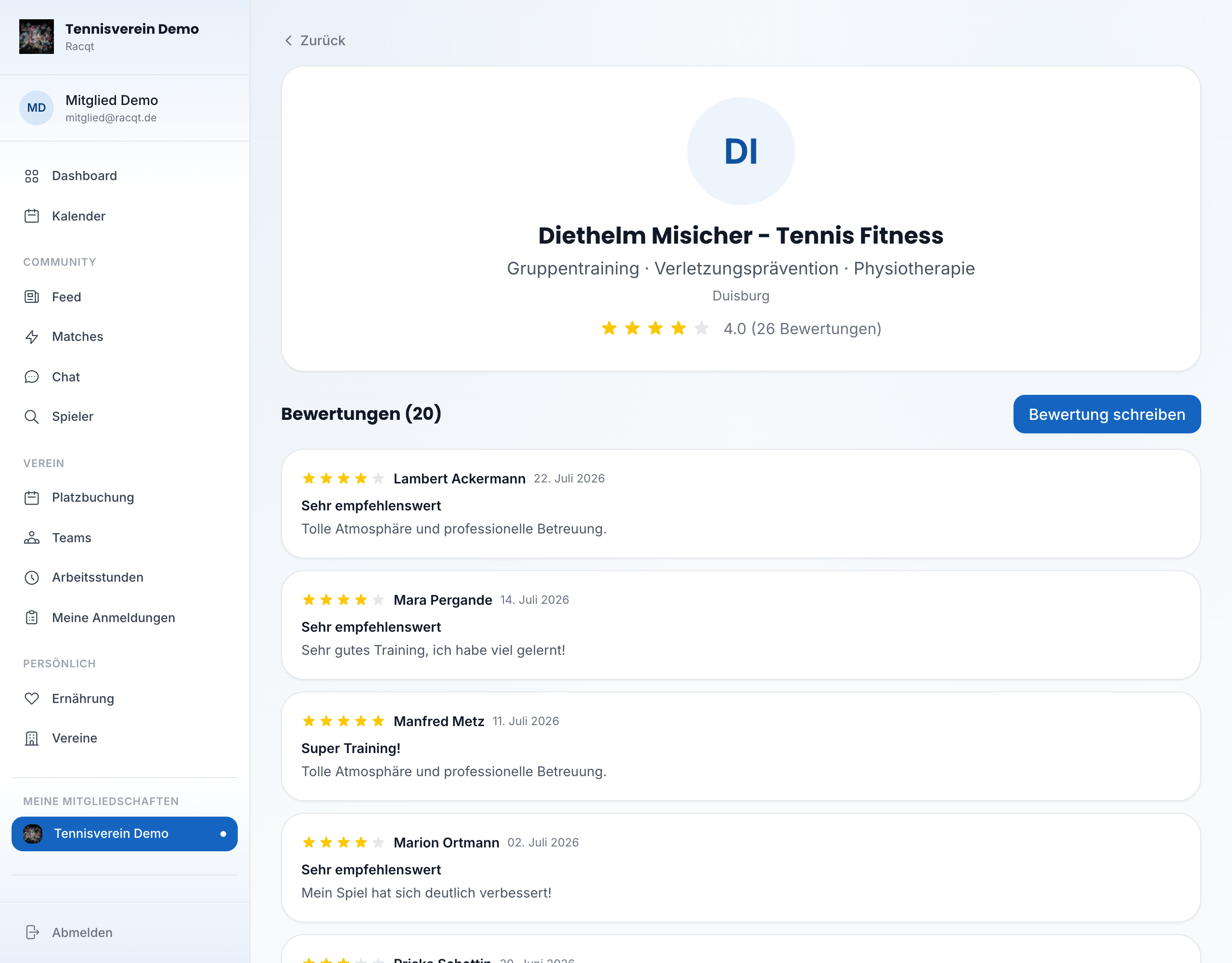 Trainer-Detailseite mit Bewertungen