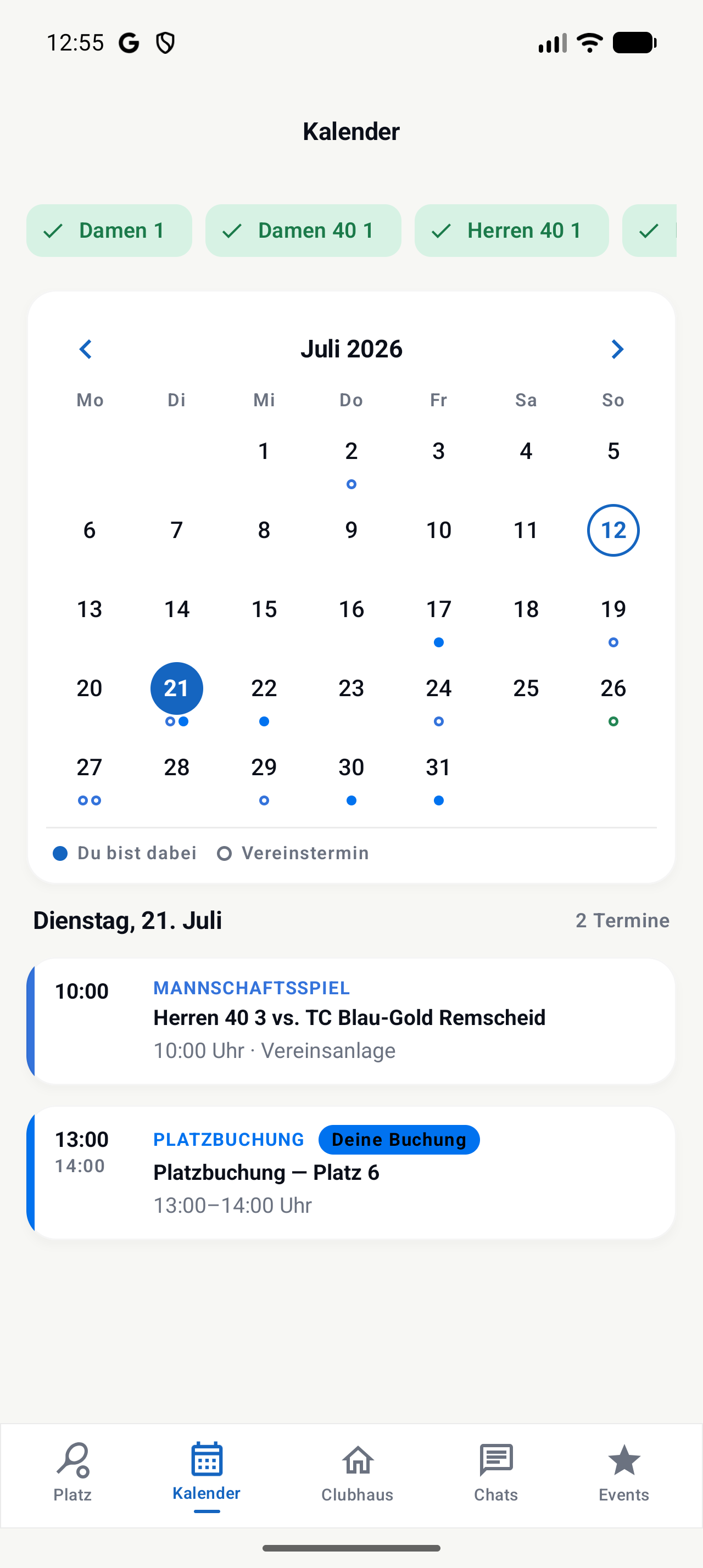 Vereinskalender mit Team-Filter und Tagesliste (Android)