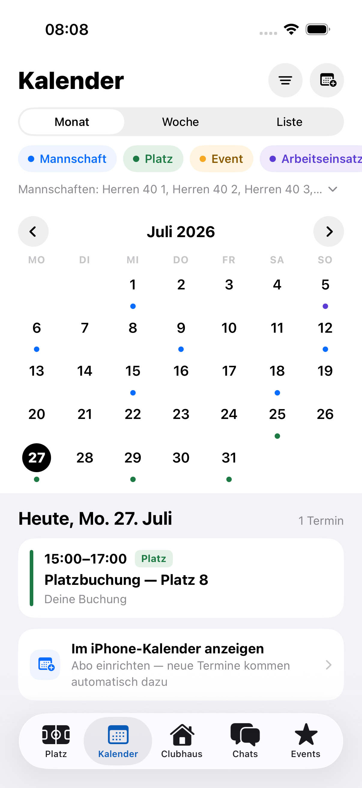 Vereinskalender mit Farb-Legende
