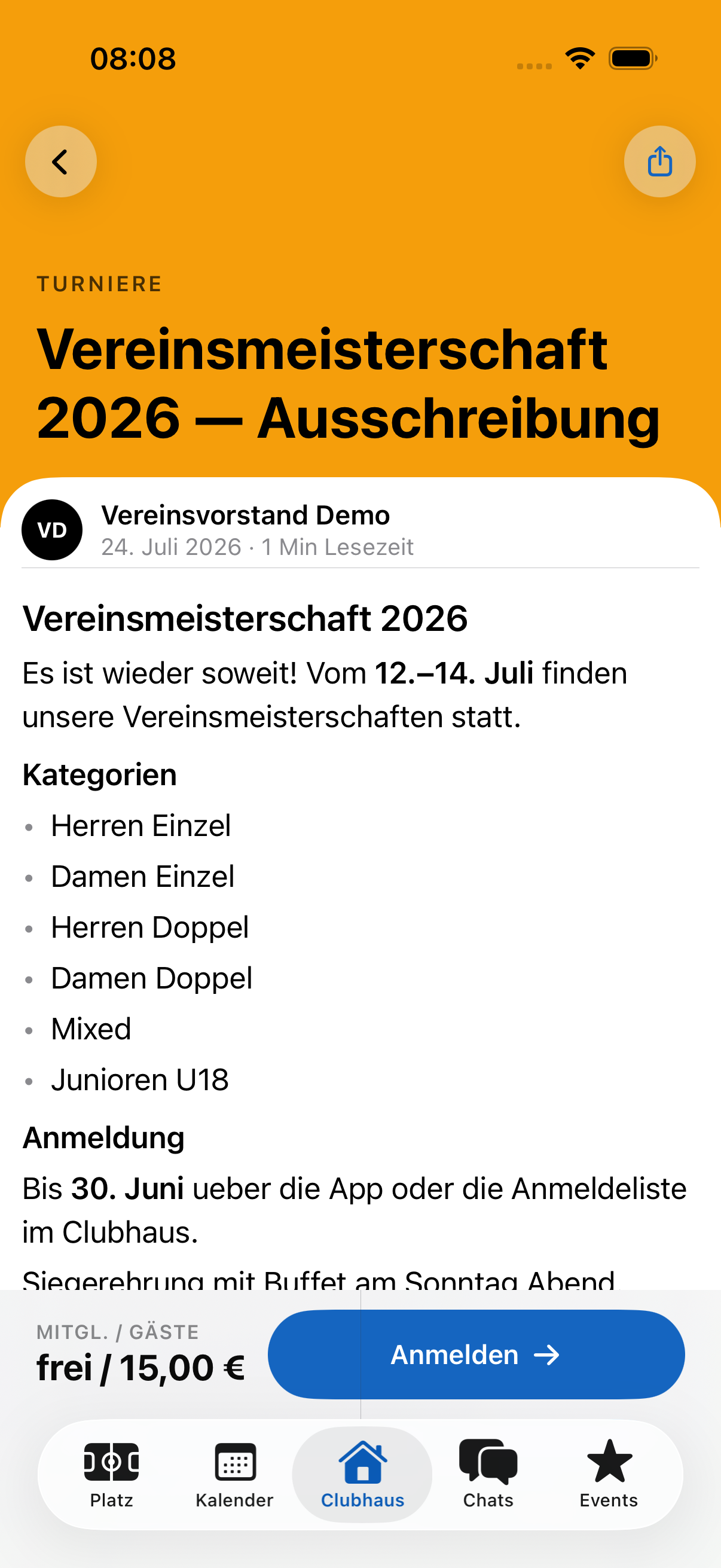 Eine Vereins-Neuigkeit als vollständiger Artikel