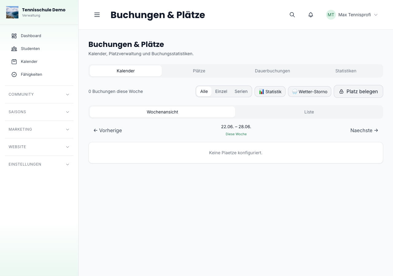 Buchungskalender mit Tagesansicht und Platzbelegung