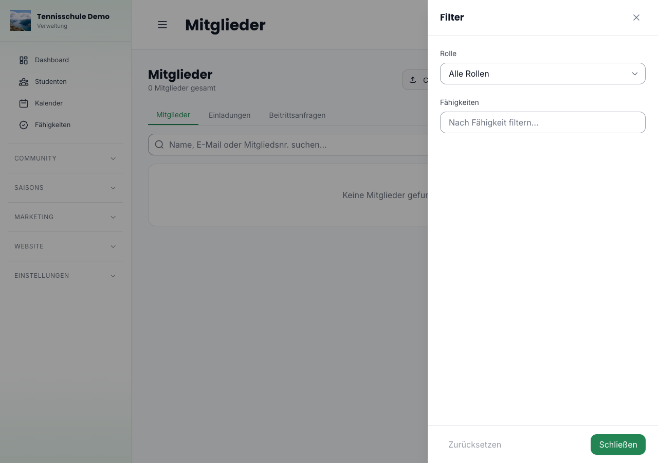 Filteroptionen (Rolle, Kategorie, Fähigkeiten)