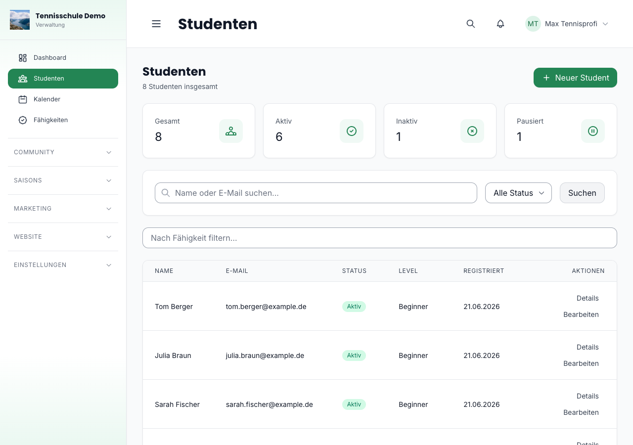 Die Studentenliste mit Suche und Filteroptionen