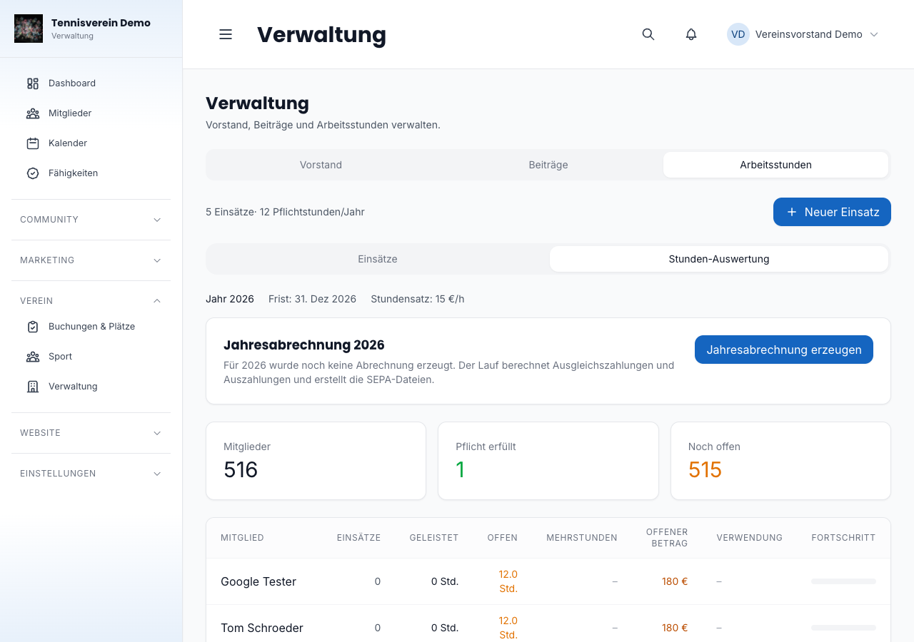 Stunden-Auswertung mit Beträgen, Verwendung und Jahresabrechnung