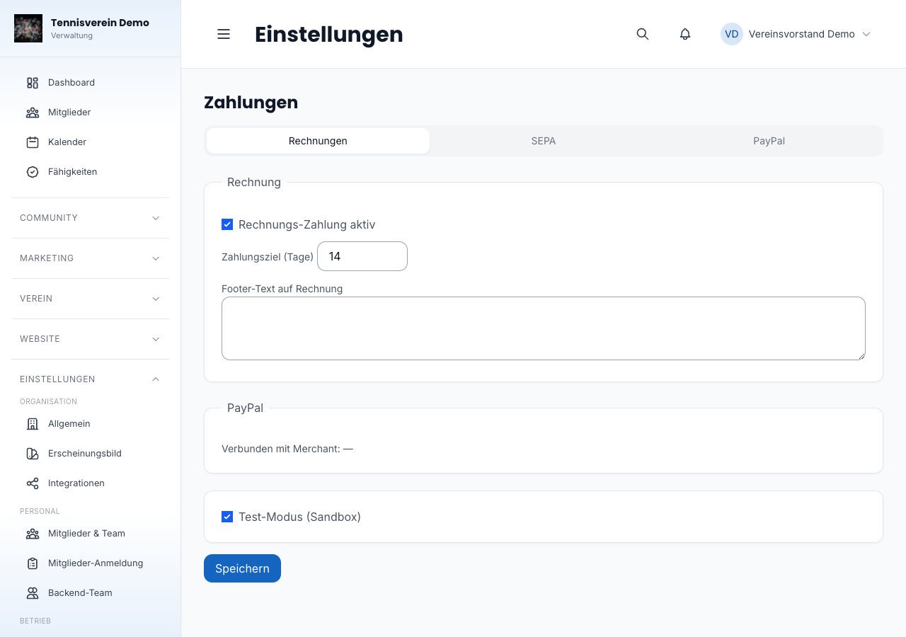 Rechnungseinstellungen in den Zahlungsoptionen