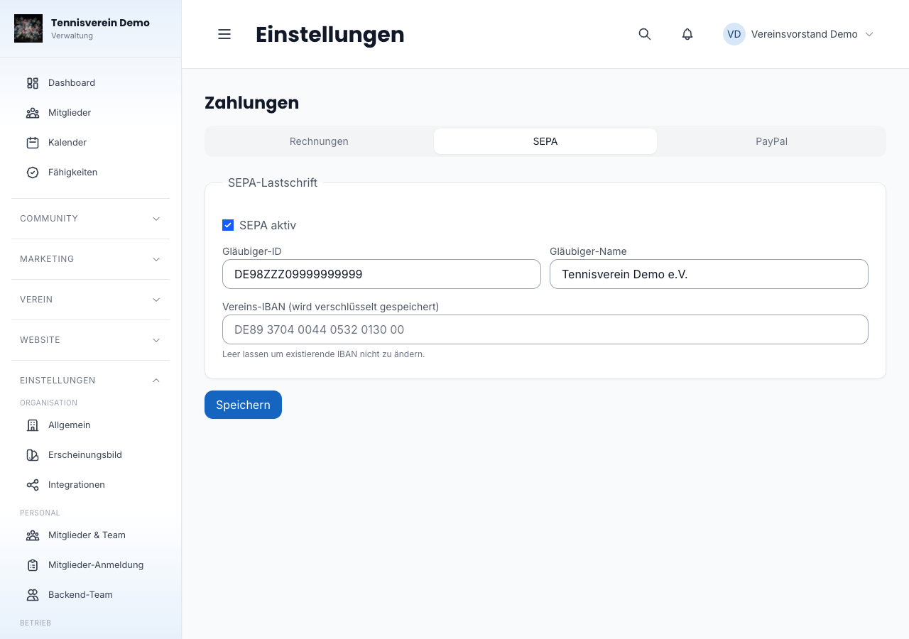 SEPA-Einstellungen mit Gläubiger-ID