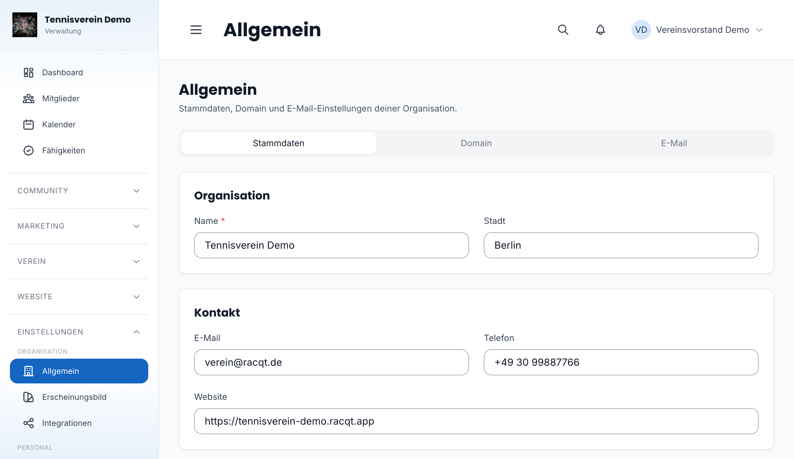 Allgemeine Einstellungen – Stammdaten des Vereins