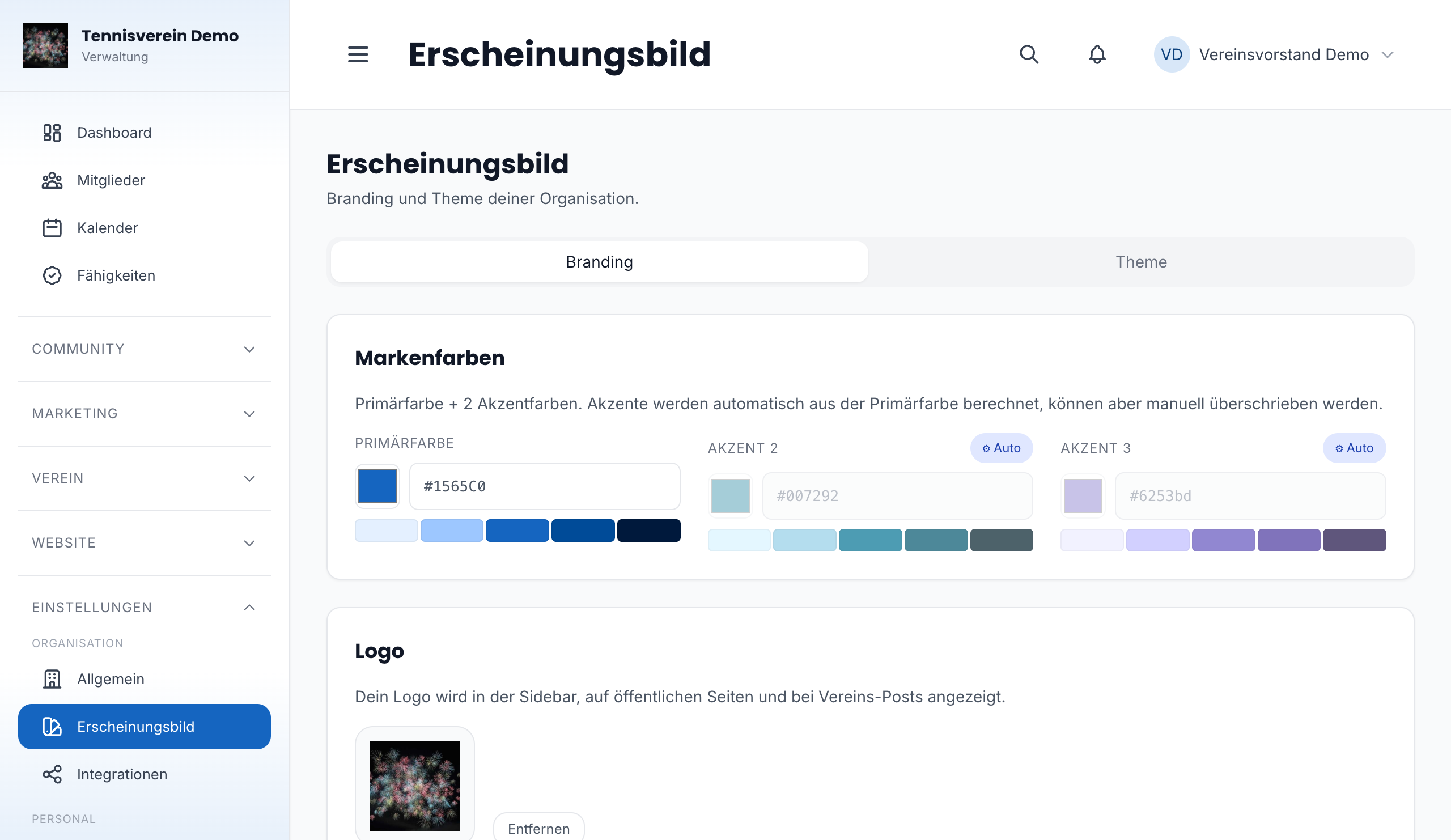 Branding-Einstellungen mit Logo und Primärfarbe
