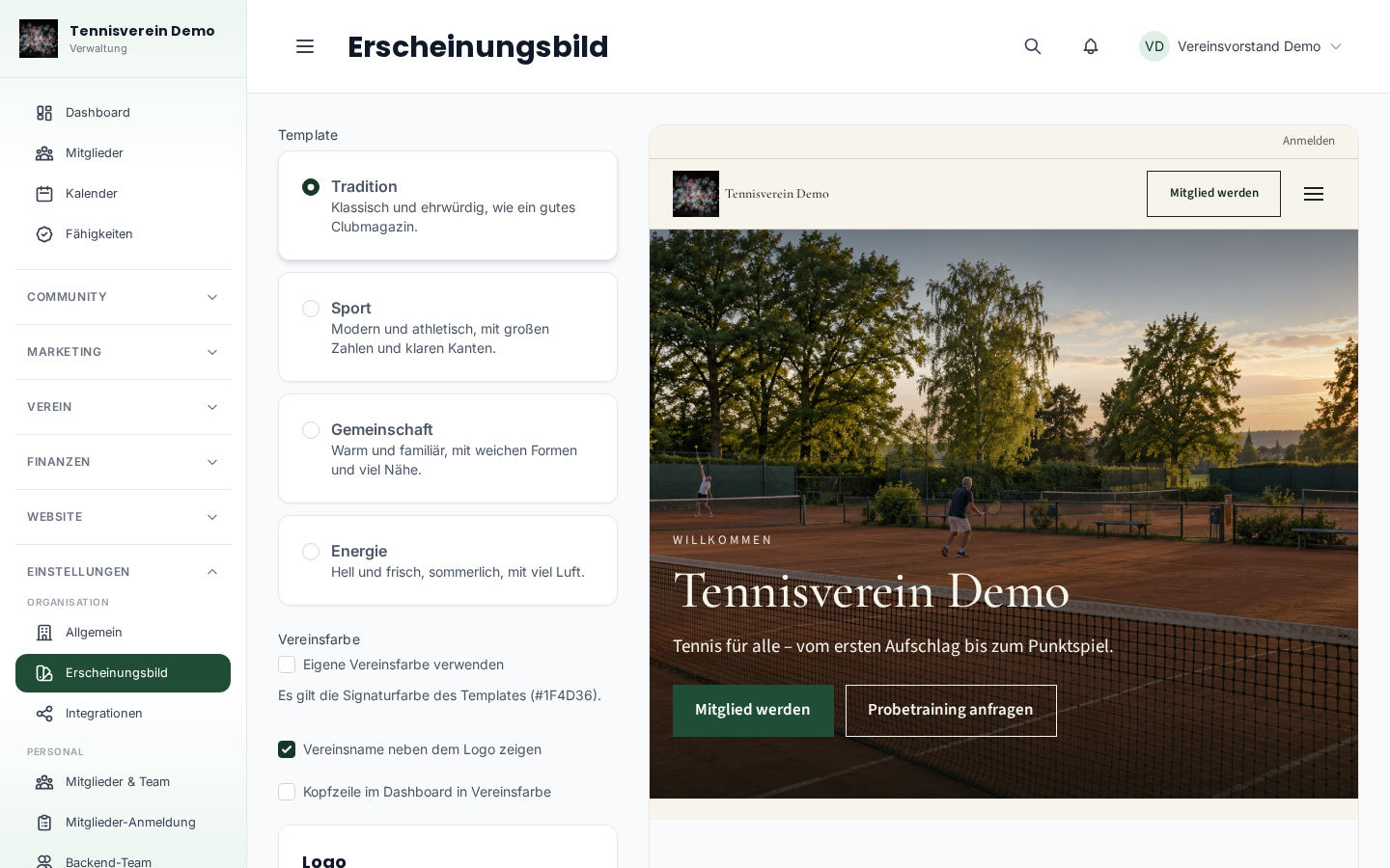 Erscheinungsbild mit Template-Auswahl, Vereinsfarbe und Vorschau