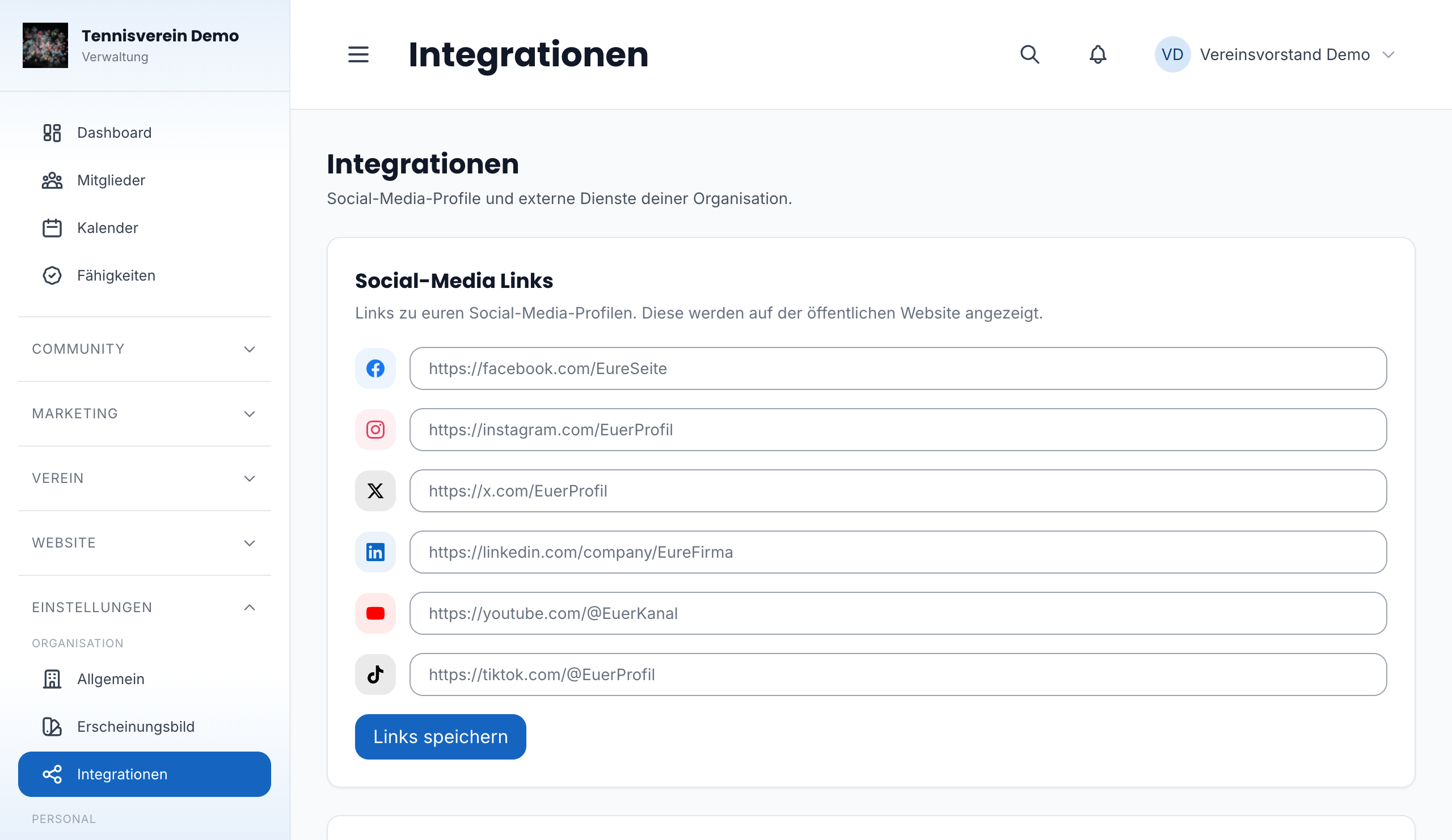 Integrationen – Social-Media-Profile und Facebook-/Instagram-Verbindung