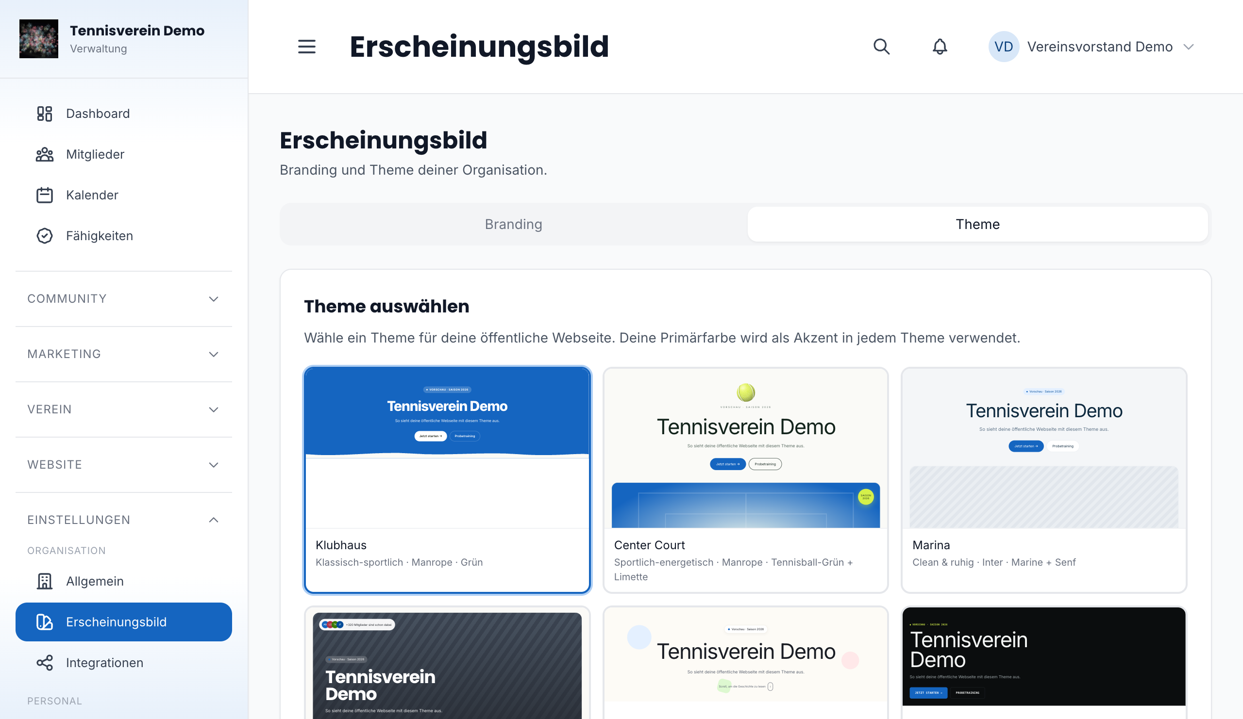 Theme-Auswahl mit Live-Vorschau