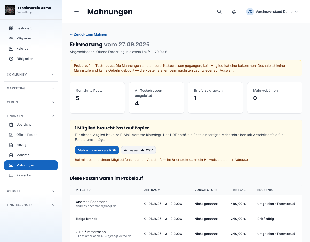 Zusammenfassung eines Mahnlaufs