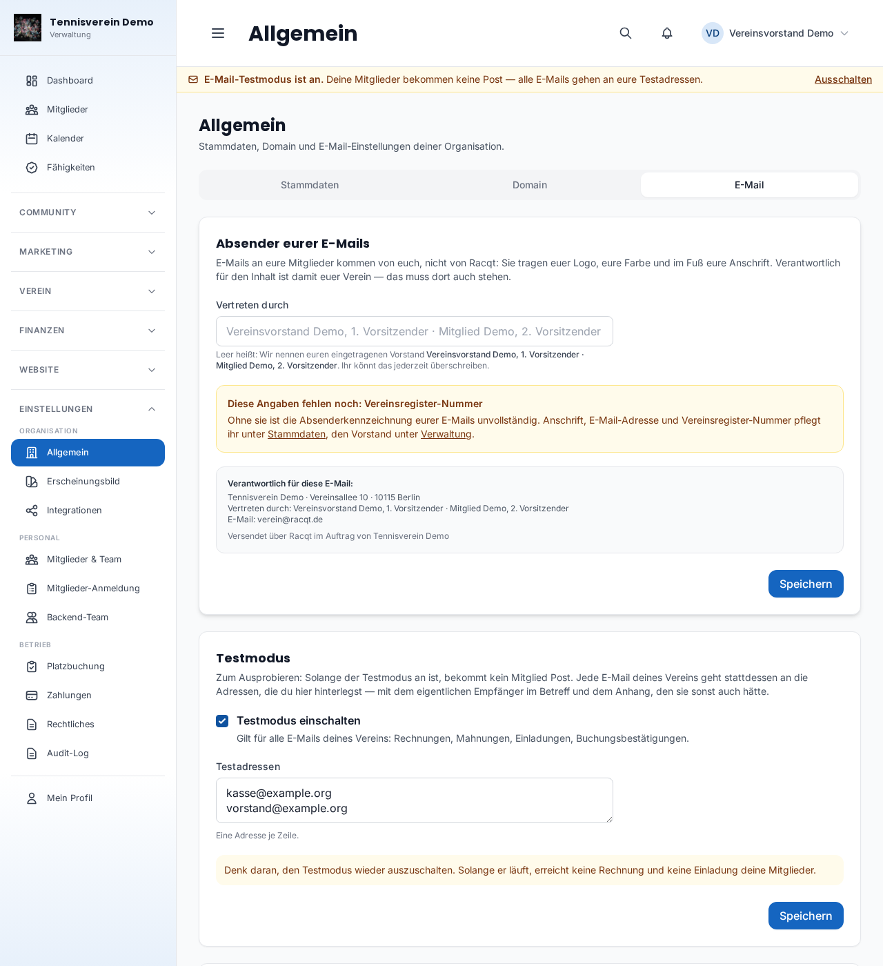 Der E-Mail-Testmodus in den Einstellungen
