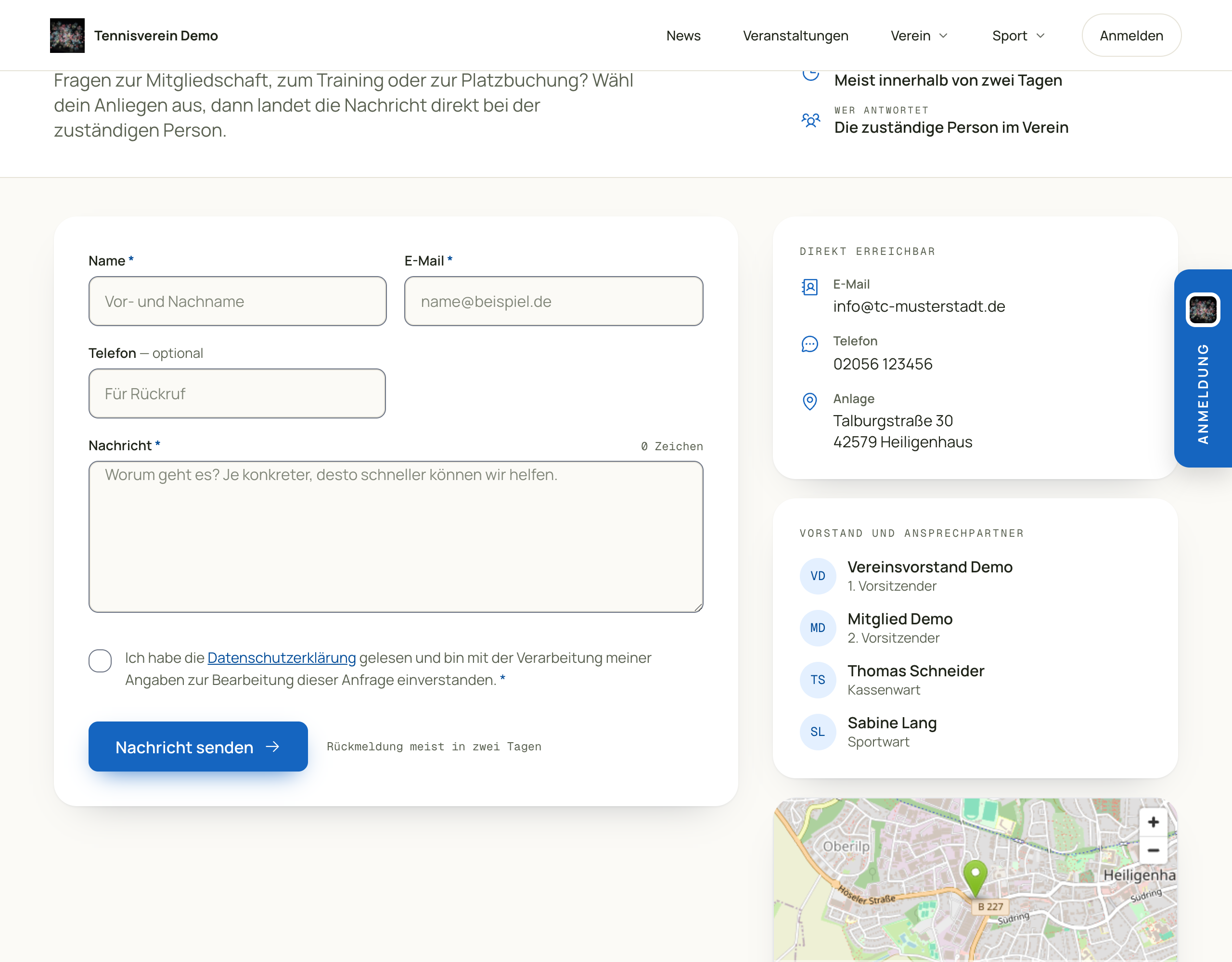 Öffentliche Kontaktseite mit Vereins-Branding