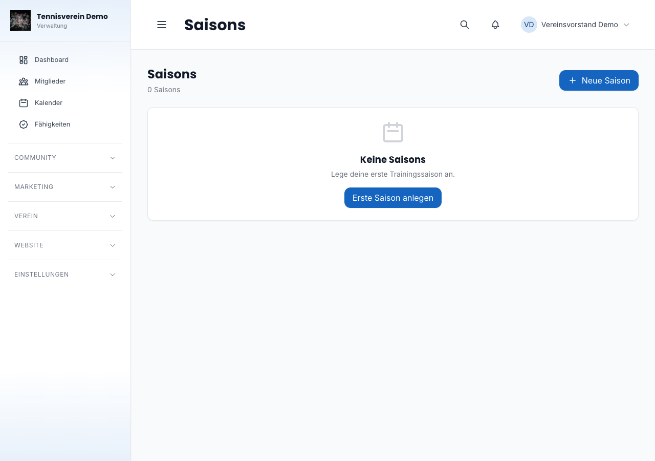 Saisons-Übersicht mit Statusbadges