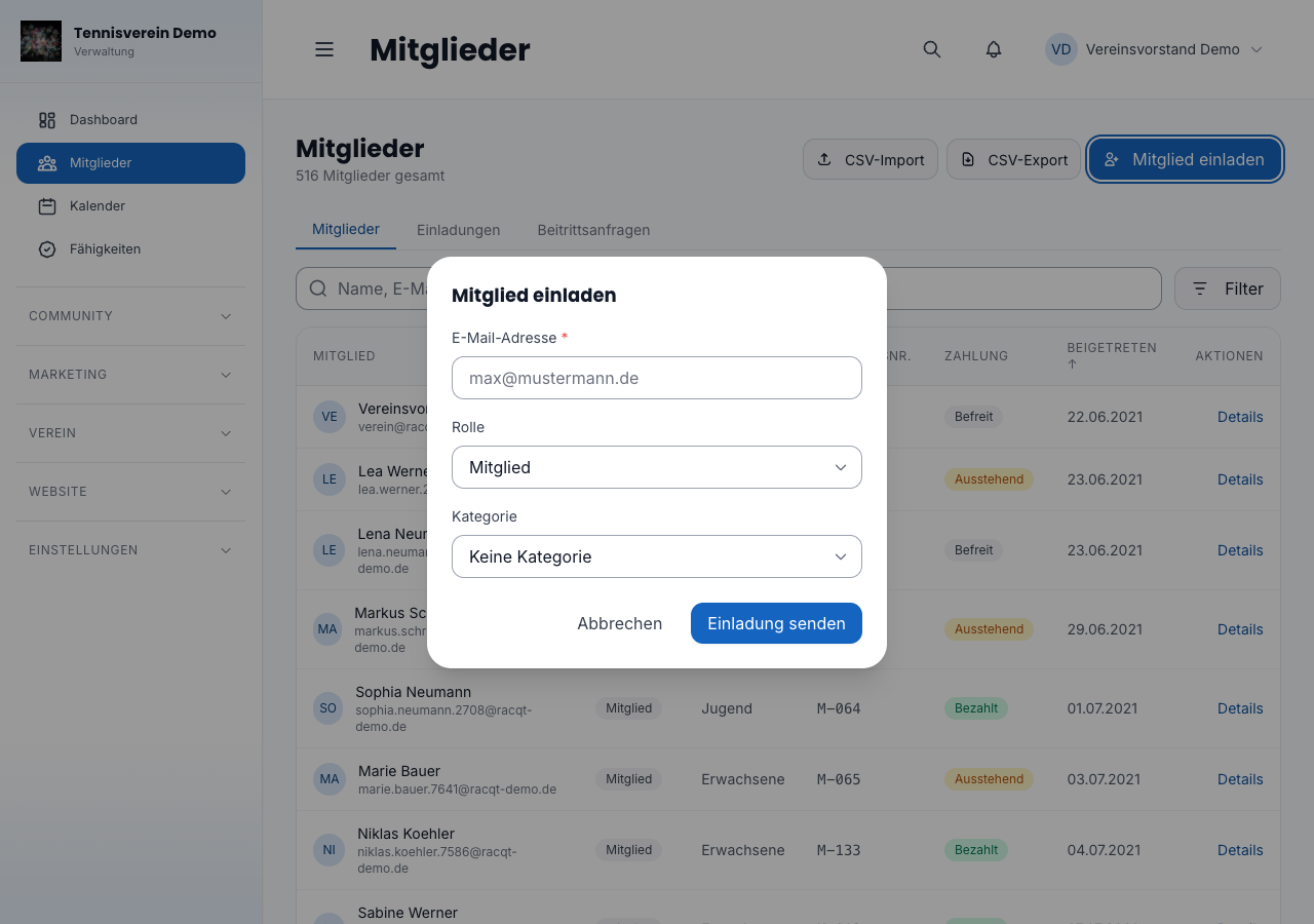 Einladungsformular für ein neues Mitglied