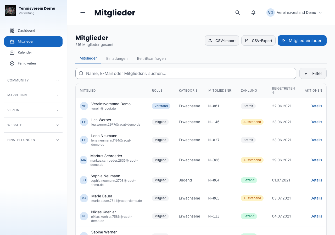 Mitgliederliste mit Filter- und Suchoptionen