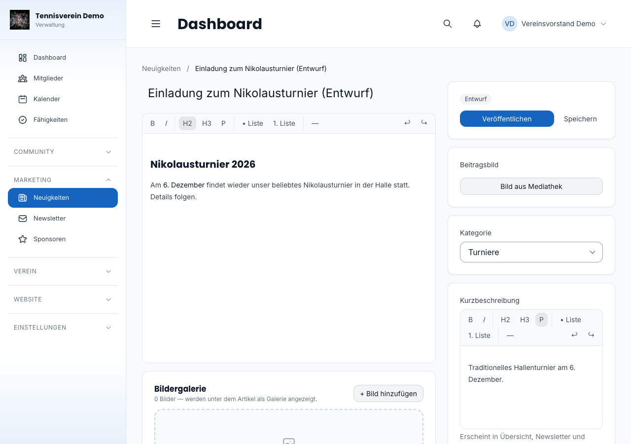 Artikel-Editor mit Rich-Text und Social-Media-Optionen