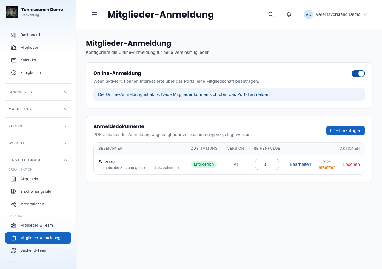 Online-Anmeldung im Dashboard aktivieren