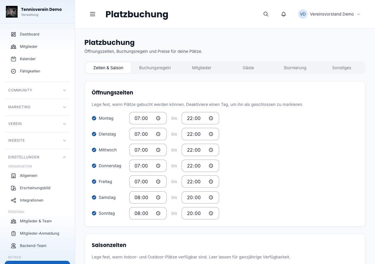 Buchungseinstellungen – Zeiten & Saison