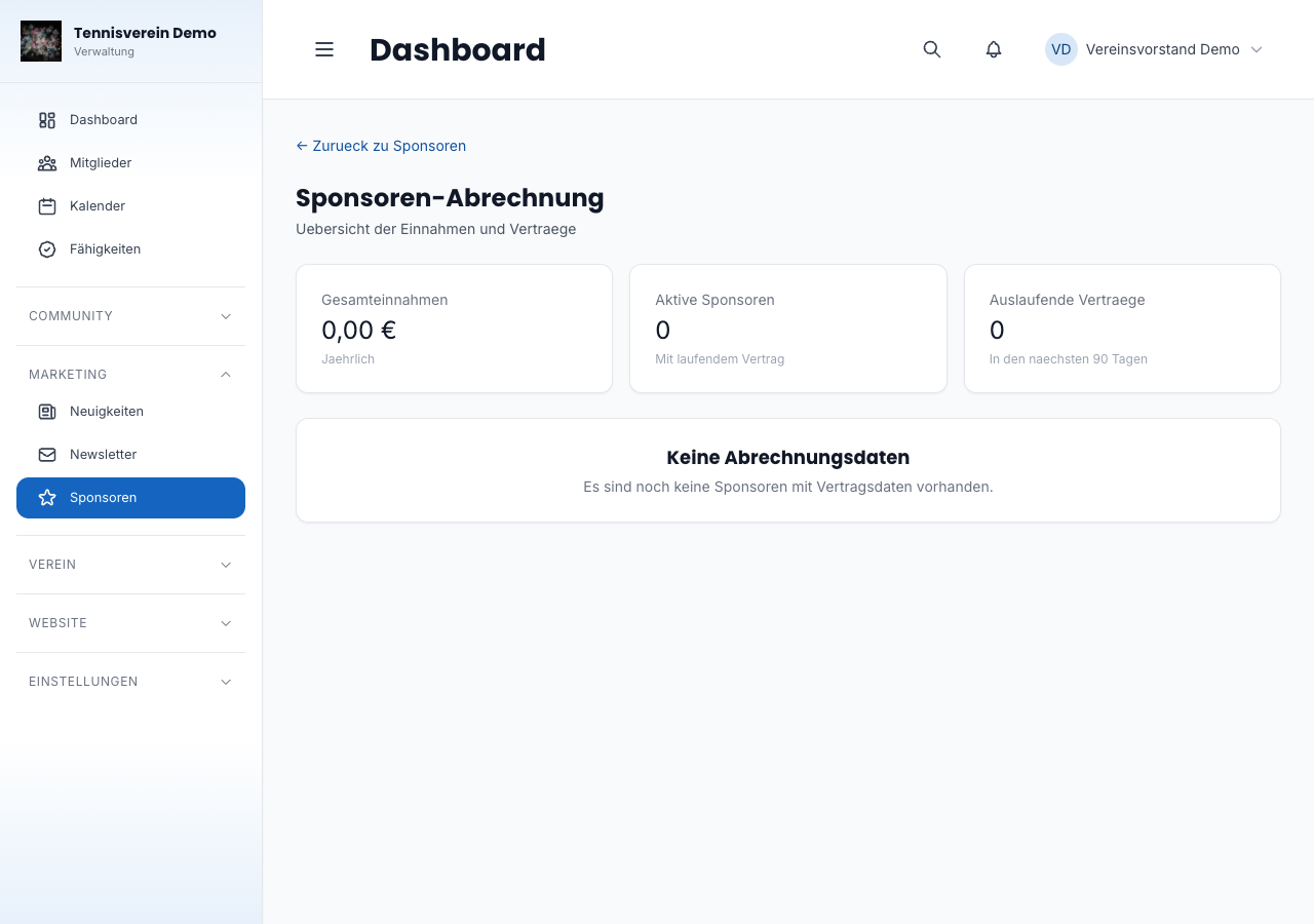Sponsoren-Abrechnung mit Gesamteinnahmen und ablaufenden Verträgen