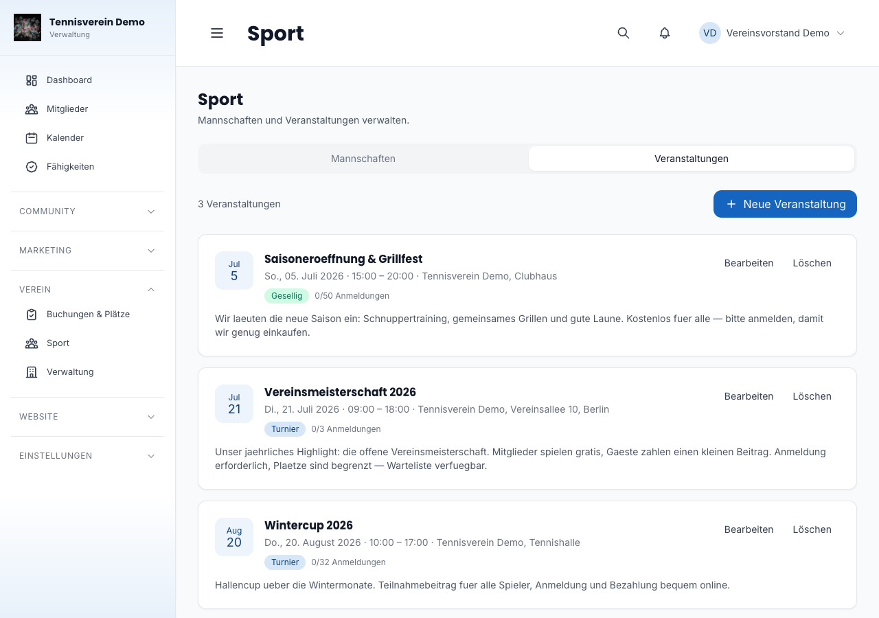 Veranstaltungsübersicht im Dashboard