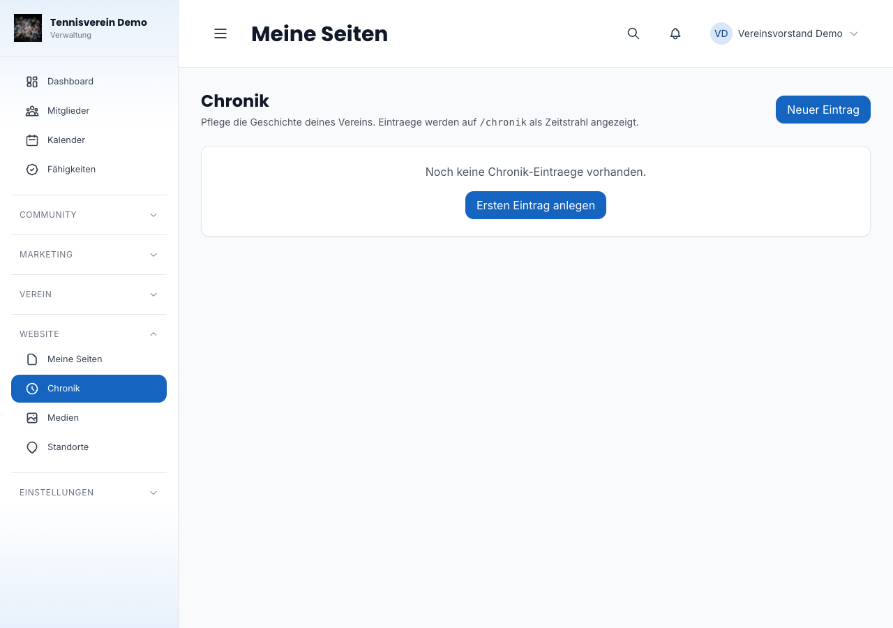 Chronik-Übersicht mit Einträgen als Zeitstrahl