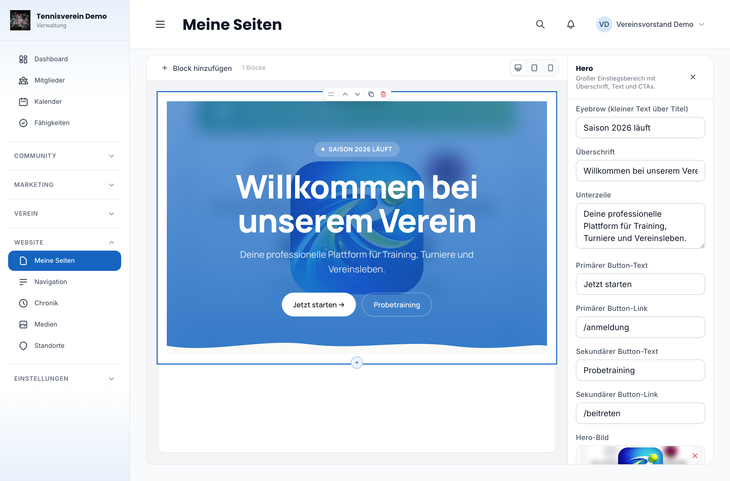 Hero-Block mit Hintergrundbild im Seiten-Editor
