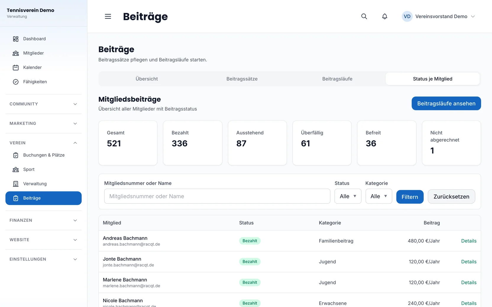 Beitragsstatus je Mitglied: bezahlt, ausstehend, überfällig und befreit