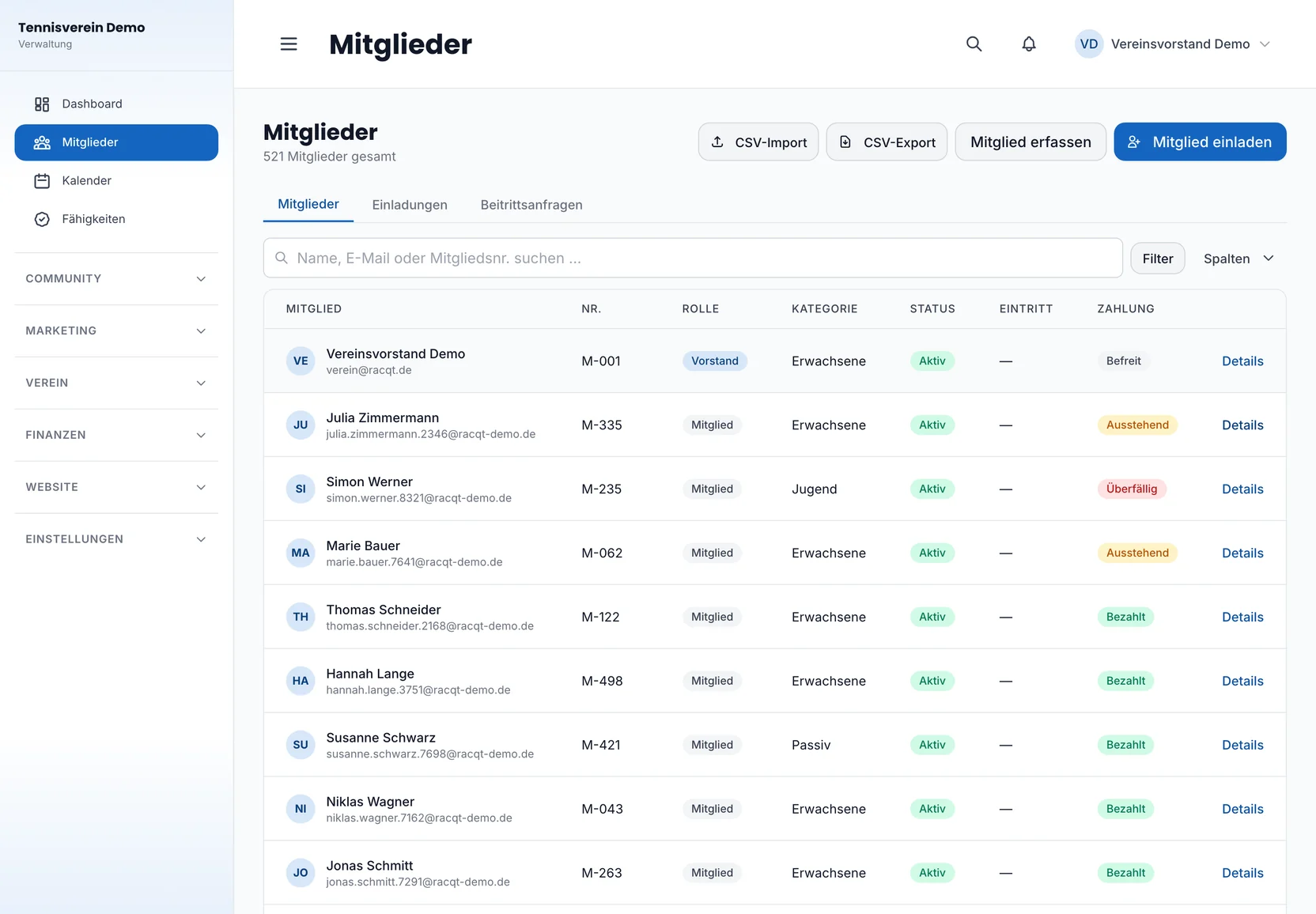 Mitgliederliste im Dashboard