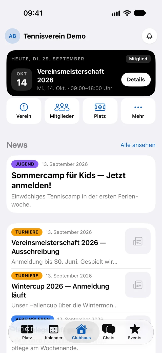 Clubhaus in der Racqt-App mit der Heute-Karte und Vereins-News