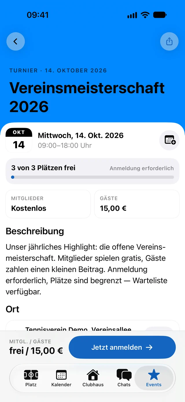 Veranstaltung mit freien Plätzen und „Jetzt anmelden“ in der App