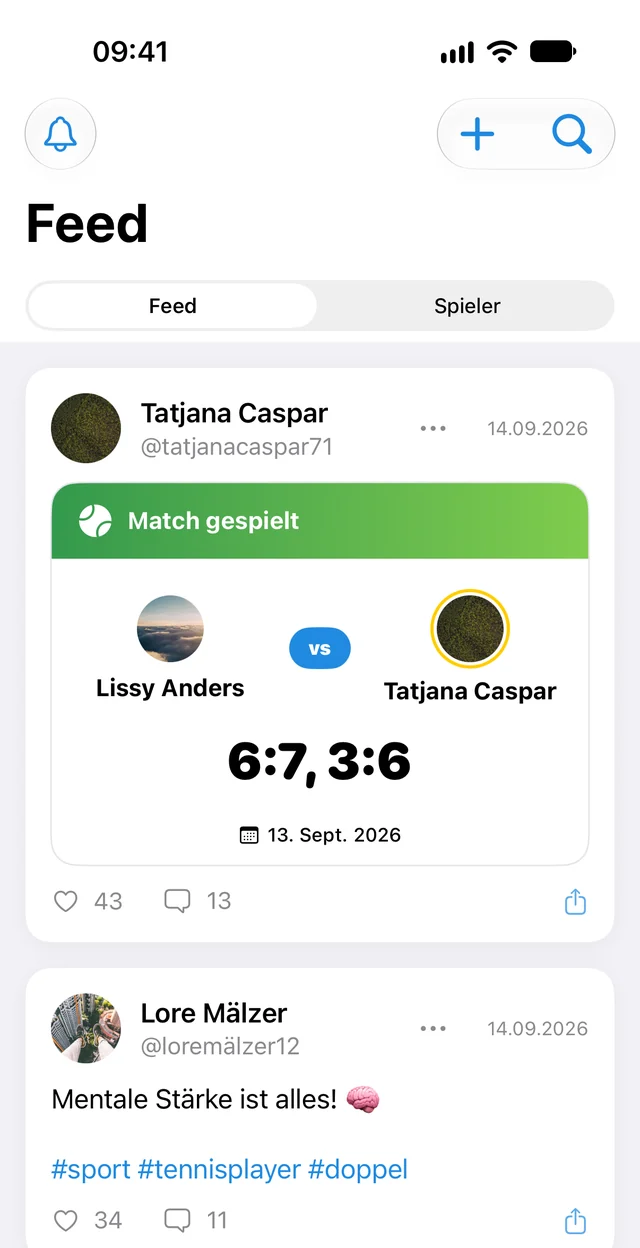 Feed in der App mit einem gespielten Match und einem Beitrag mit Hashtags
