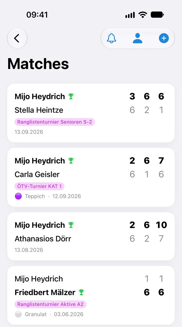 Matches in der App mit Satzergebnissen, Turnier und Belag