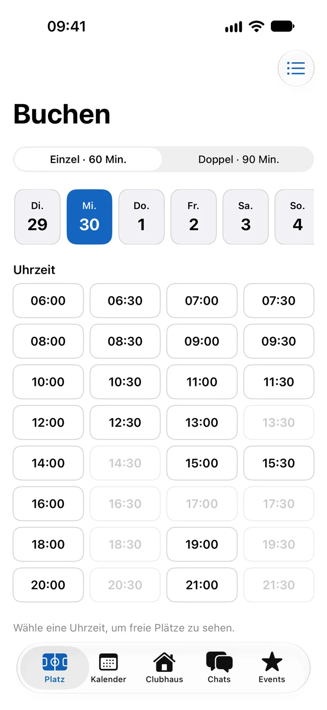 Platz buchen mit freien Uhrzeiten in der App