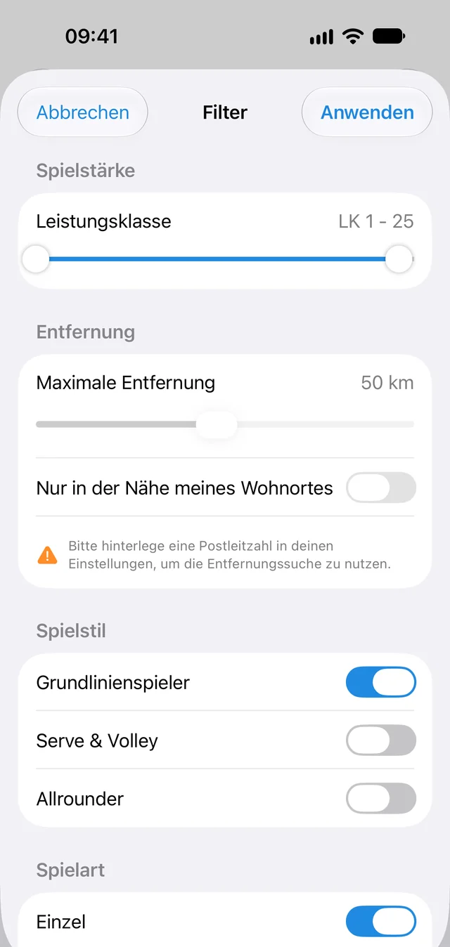 Filter der Spielersuche: Leistungsklasse, maximale Entfernung und Spielstil
