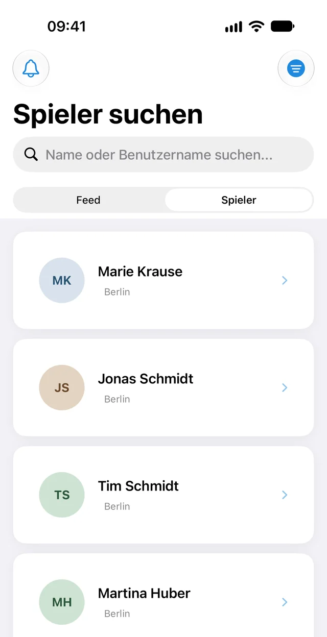 Spielersuche in der Racqt-App mit Spielerinnen und Spielern aus Berlin