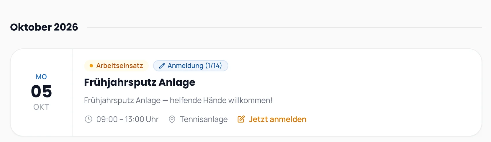 Veranstaltungsseite der Vereinswebsite: Arbeitseinsatz im Oktober mit Online-Anmeldung