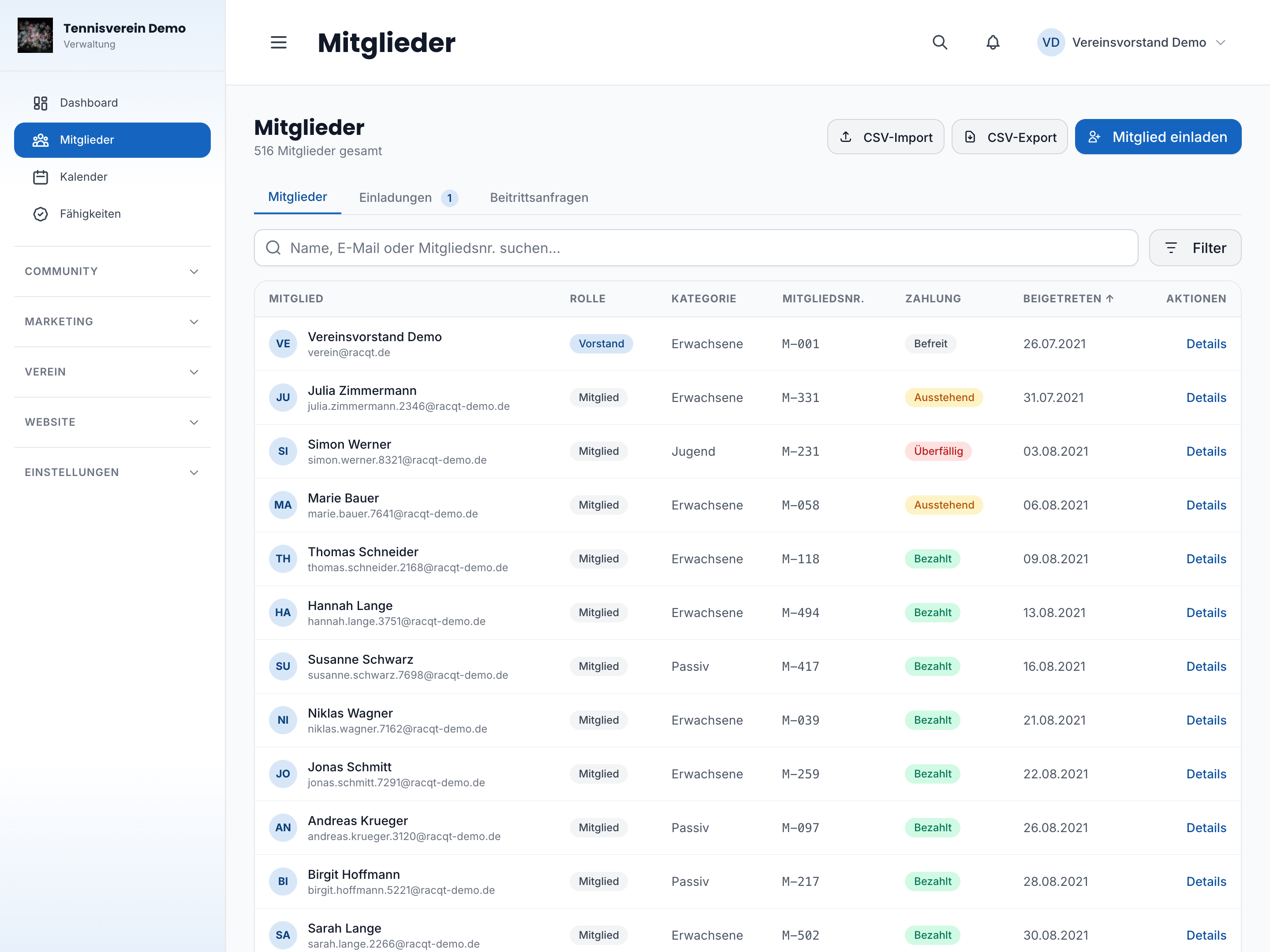 Mitgliederliste mit Filtern